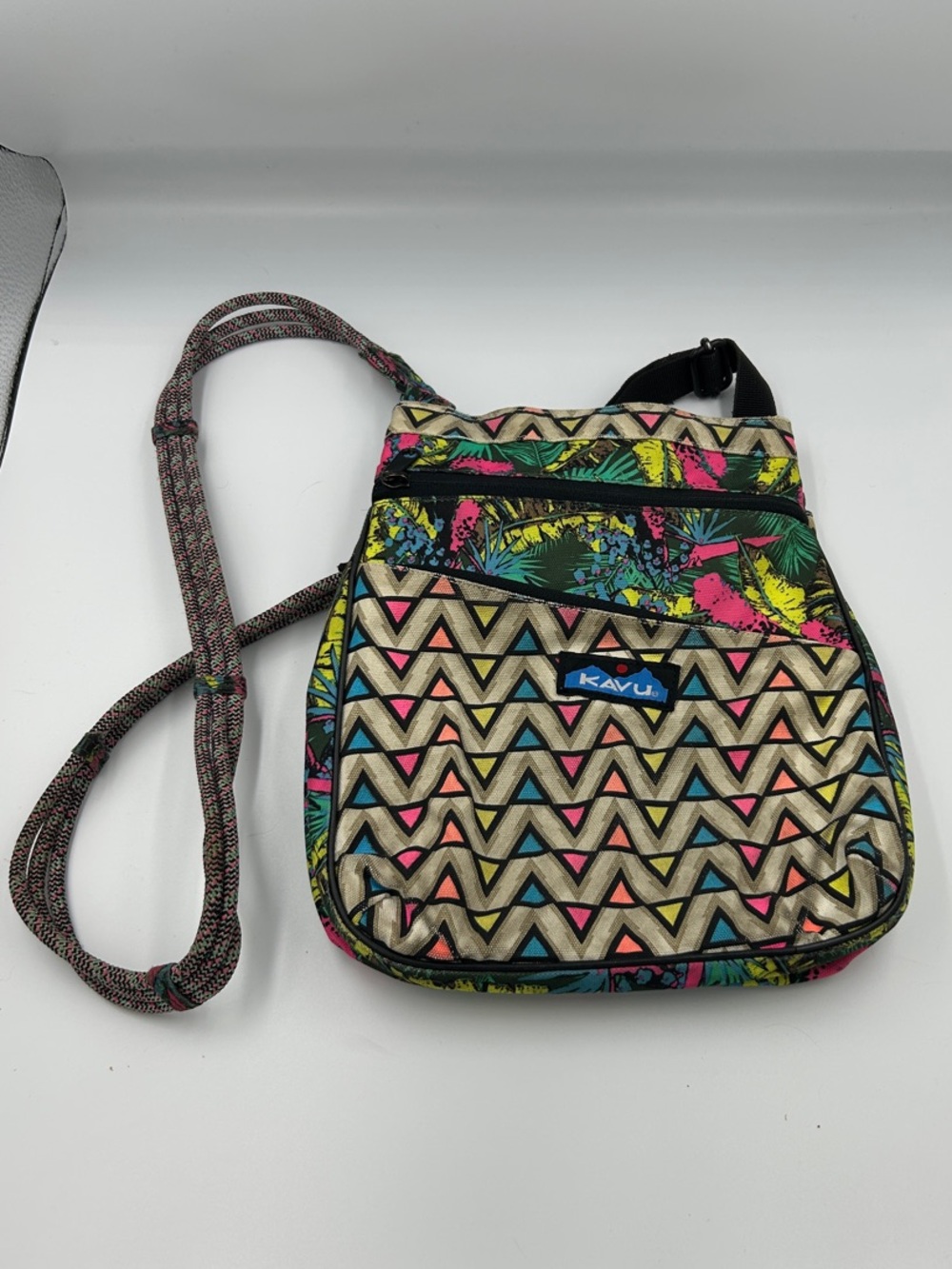 KAVU Keeper Crossbody Bag Neon Tropical Geometric Chevron Canvas Bag